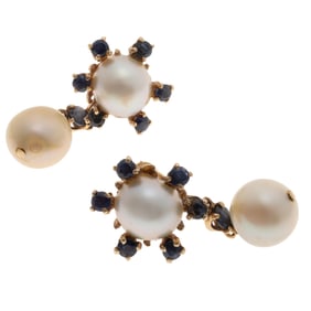 Pair of Cultured Pearl, Sapphire, 14k Yellow Gold Earrings