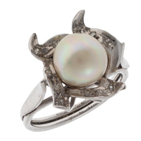 Cultured Pearl, Diamond, Palladium Ring