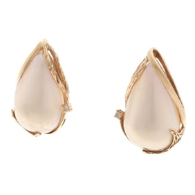 Pair of Mabe Pearl, Diamond, 14k Yellow Gold Earrings