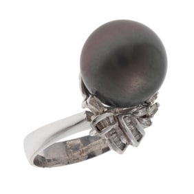 Tahitian Cultured Pearl, Diamond, 14k White Gold Ring