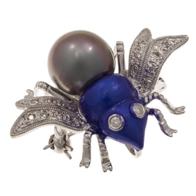 Diamond, Tahitian Pearl, Enamel, 18k Fly Pin Pendant