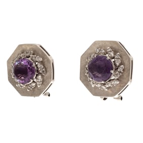 Pair of Amethyst, Diamond, 14k White Gold Earrings