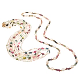 Two Tourmaline, Freshwater Pearl, 14k Necklaces