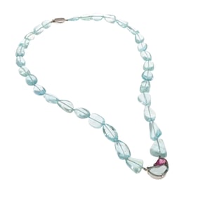 Aquamarine, Tourmaline, 14k White Gold Necklace