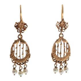 Pair of Cultured Pearl, 14k, 10k Rose Gold Earrings