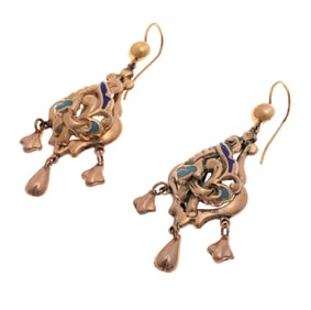 Pair of Victorian Enamel, 14k Rose Gold Earrings