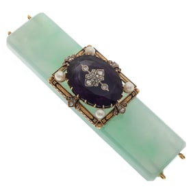 Diamond, Jade, Amethyst, Cultured Pearl, 18k Panel