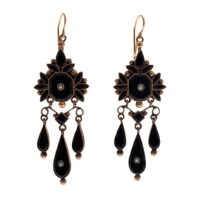 Pair of Victorian Onyx, Seed Pearl, 14k, 10k Earrings