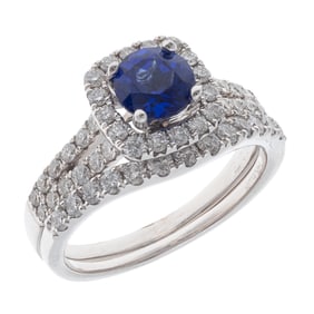 Synthetic Sapphire, Diamond, 14k White Gold Wedding Set