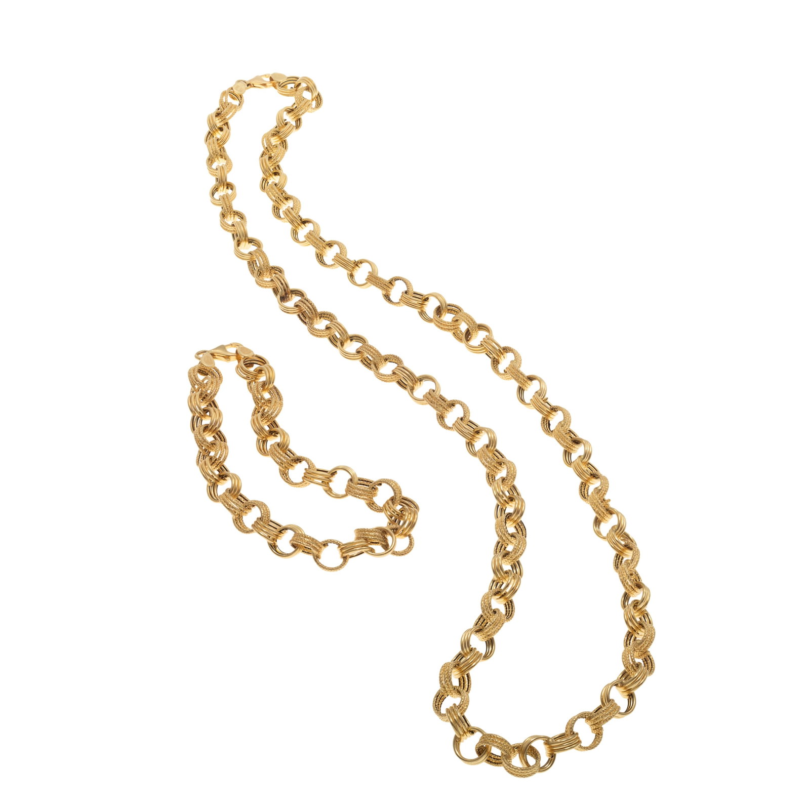 14k Yellow Gold Jewelry Suite: 14k Yellow Gold Jewelry Suite The 14k yellow gold alternating textured and bright polish belcher links measuring approximately 6.7 mm in width, completed by a lobster claw clasp forming a 20 inch neck