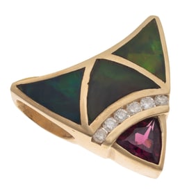 Diamond, Opal, Rhodolite Garnet, 14k Yellow Gold Pendant