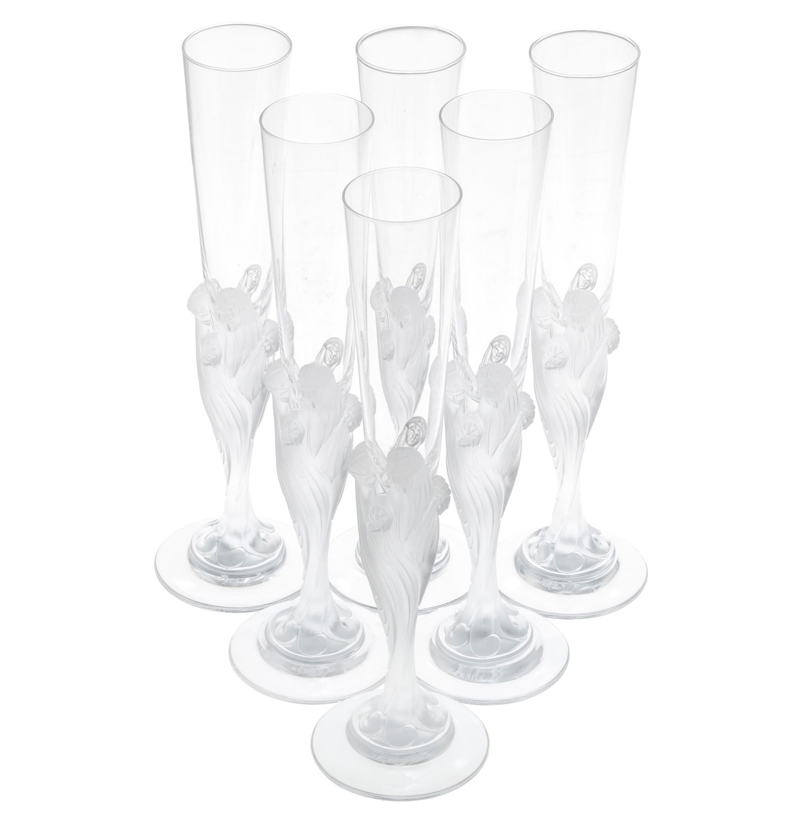 Erte Art Deco Champagne Flutes: Erte Art Deco Champagne FlutesSix 'Majestique' design flutes, each supported on a frosted stem modeled as group of exotic women.Signed 'Erte' on stem and "Erte' France on base.11 3/4in (30cm) h.C