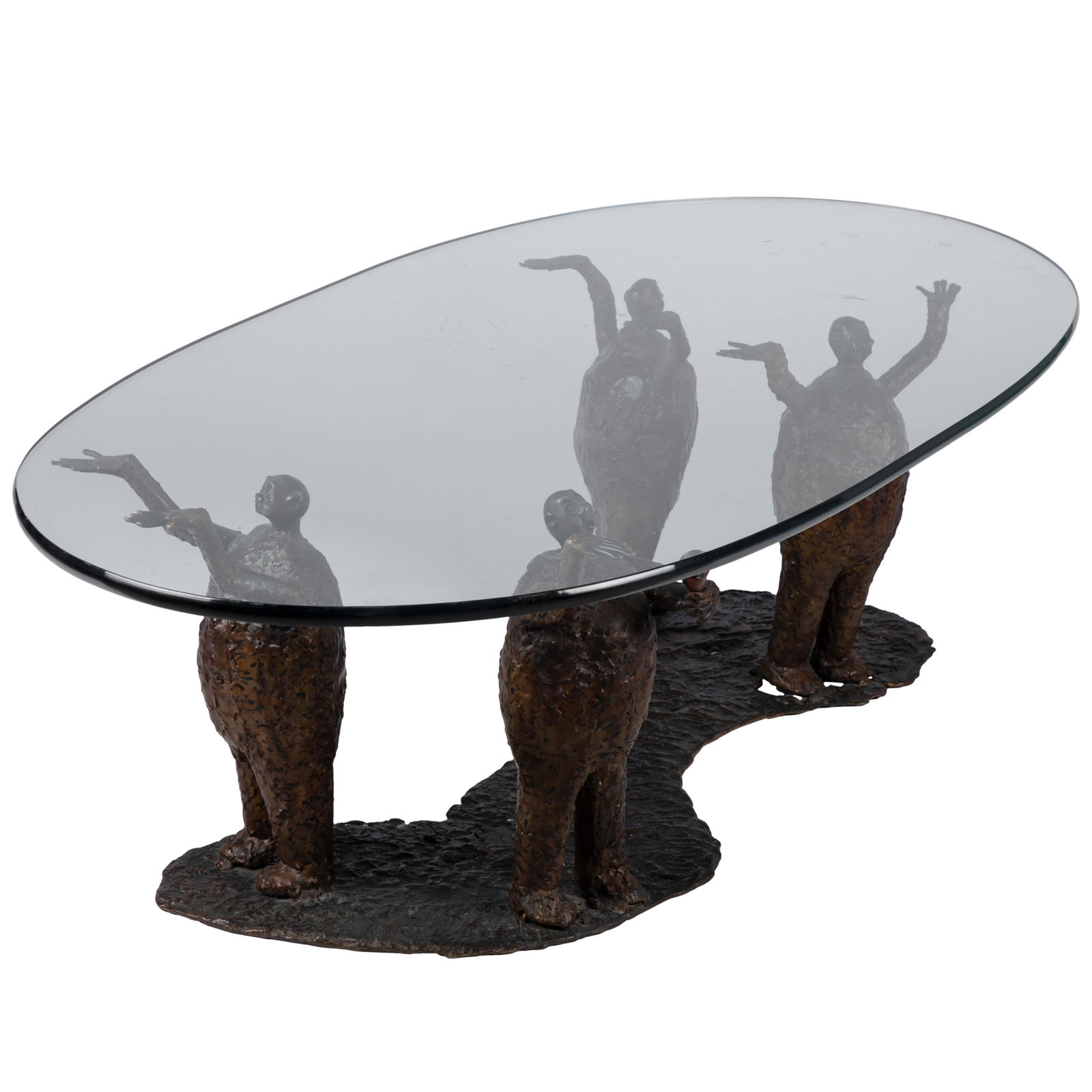 Albert Guibara (American, b. 1944): Albert Guibara (American, b. 1944)Contemporary bronze and glass coffee table.From the 'Pinhead' series.The oval glass top supported by a quartet of bronze standing figures, the three heroically hoisti