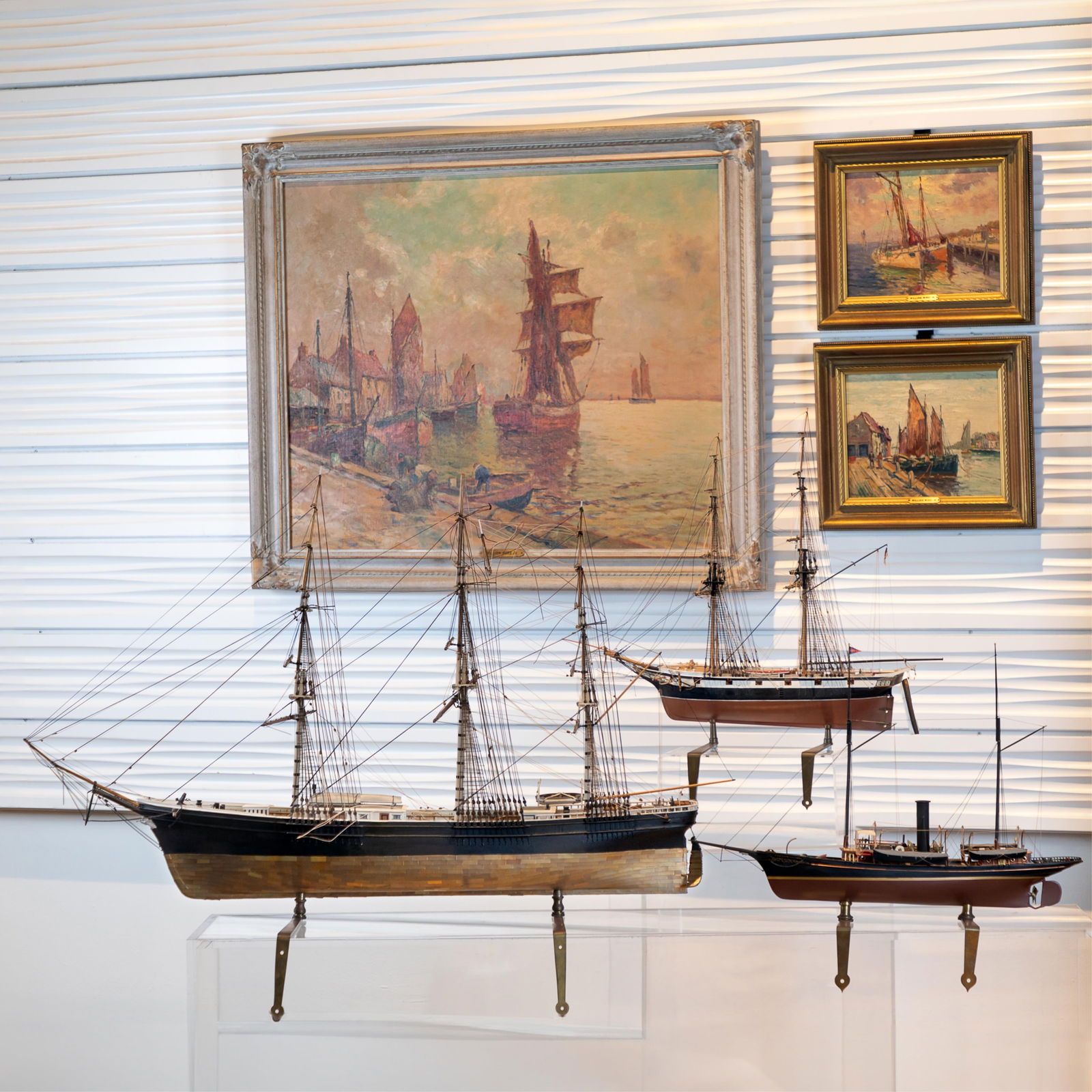 Oceana Ship Models: Oceana Ship ModelsThree models, including a Whaling ship, Flying Fish and a Corsair and an Oceana catalog33in. l. 22in. I. and 19in.lArtwork not included in lot.