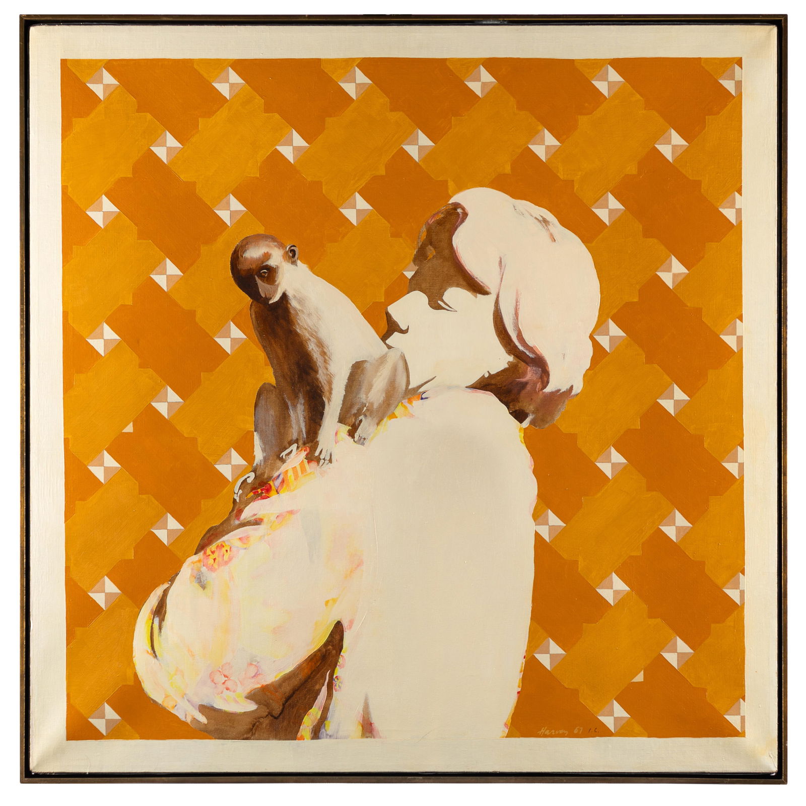 Robert Harvey (British, 1924-2002): Robert Harvey (British, 1924-2002)'Norah with Monkey'oil on canvasSigned l/r and verso196736in. x 36in (91cm. x 91cm)Provenance: David Stuart Galleries, Los Angeles