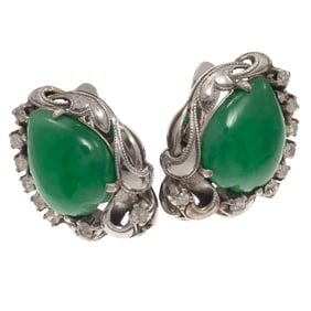 Pair of Jade, Diamond, 10k White Gold Earrings