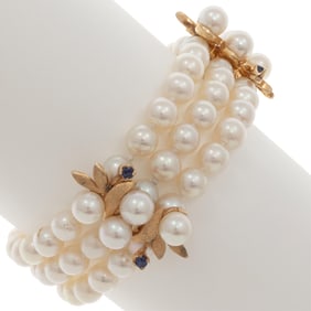 Cultured Pearl, Sapphire, 14k Yellow Gold Bracelet