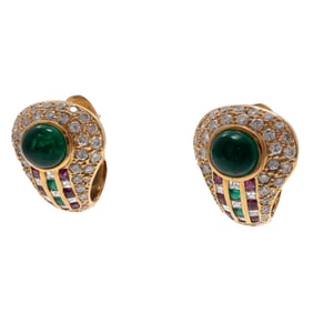 Pair of Emerald, Diamond, Ruby, 18k Earrings