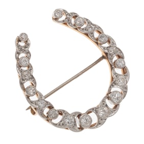 Edwardian Diamond, Platinum, 14k Rose Gold Horseshoe Pin