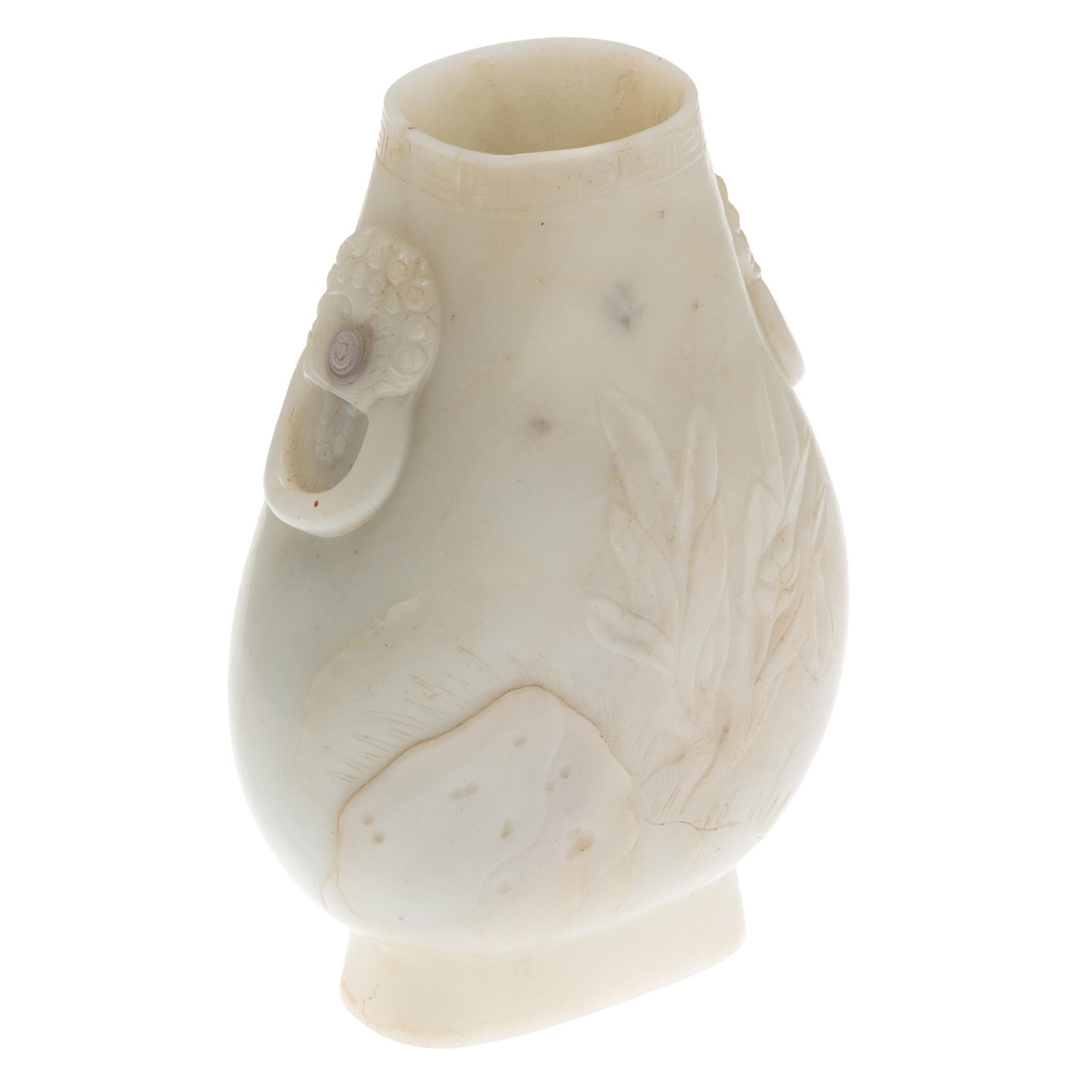 Chinese Serpentine Urn: Chinese Serpentine UrnRelief carved with water reeds and leonine handles.6 3/4in (17cm) h