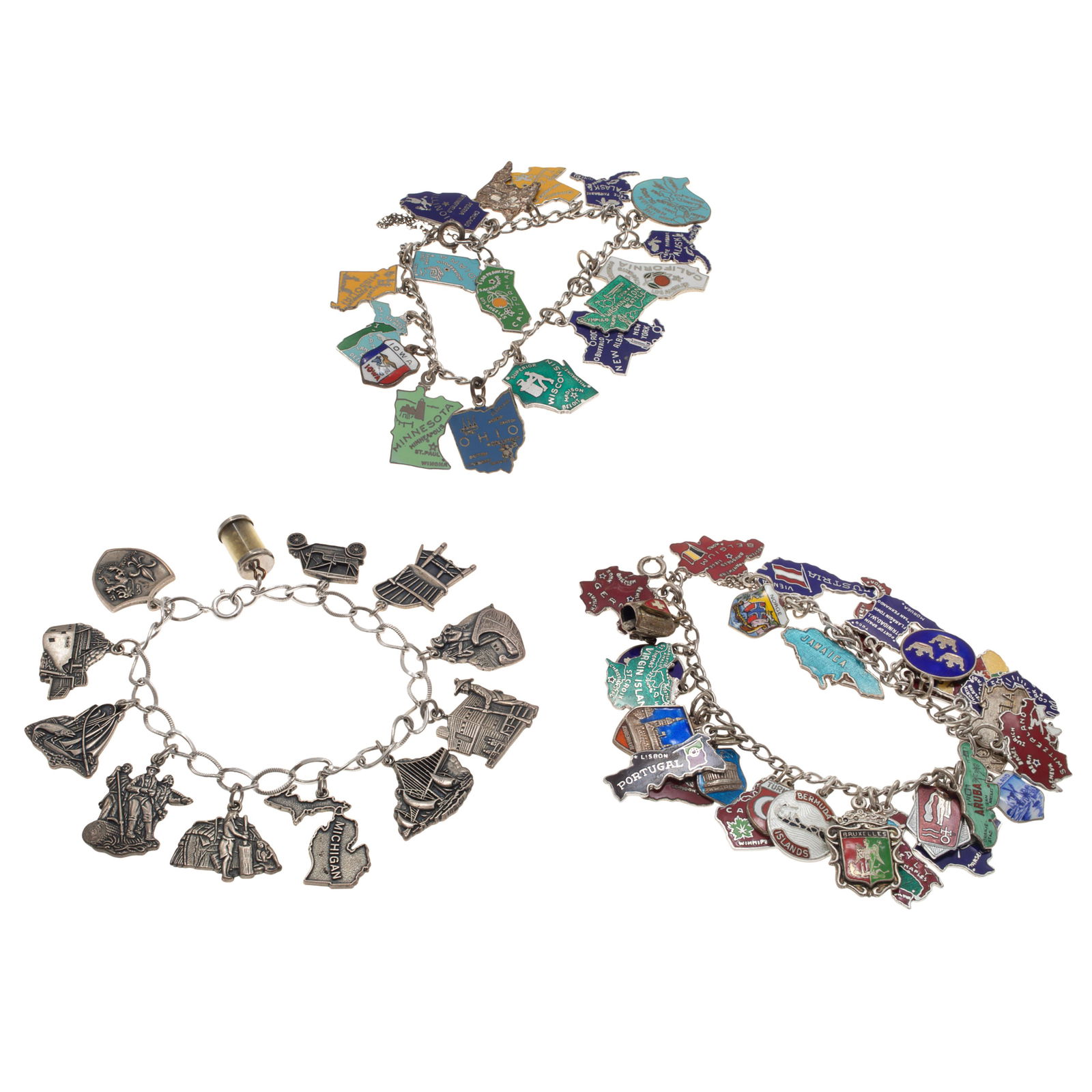 Collection of Three Vintage Enamel, Silver Travel Related Charm Bracelets (1 of 4)