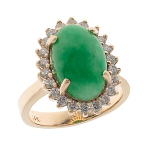 Jade, Diamond, 14k Yellow Gold Ring