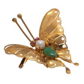 Jade, Cultured Pearl, 14k Yellow Gold Butterfly Pin