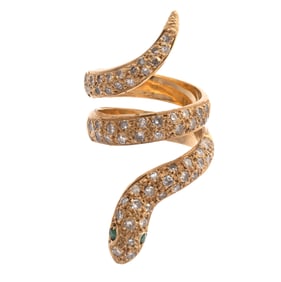 Diamond, Emerald, 18k Yellow Gold Snake Ring