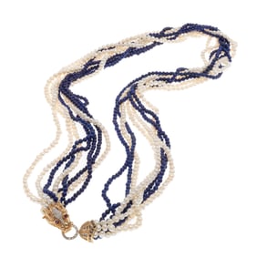 Lapis Lazuli, Freshwater Pearl, Diamond, Sapphire, 14k Torsade Necklace