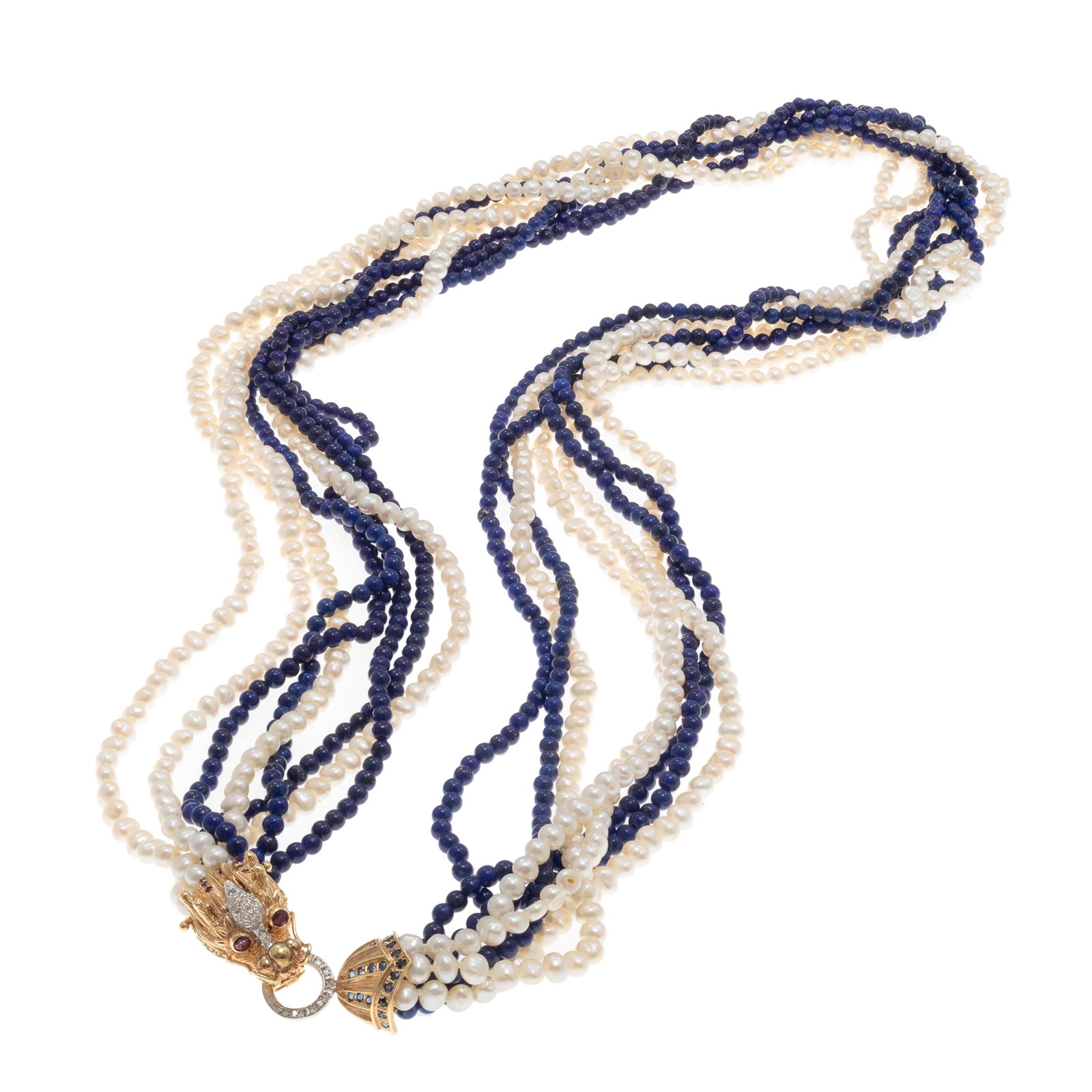 Lapis Lazuli, Freshwater Pearl, Diamond, Sapphire, 14k Torsade Necklace: Lapis Lazuli, Freshwater Pearl, Diamond, Sapphire, 14k Torsade NecklaceConsisting of four strands of round lapis lazuli beads and four strands of freshwater cultured pearls, completed by a 14k yellow