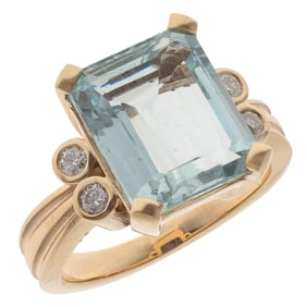 Aquamarine, Diamond, 14k Yellow Gold Ring