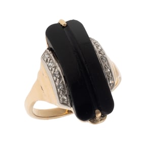 Art Deco Onyx, Diamond, 14k Yellow Gold Ring