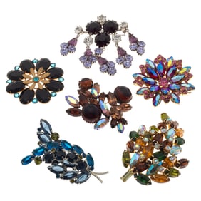 Collection of Six 1950-60s Vintage Rhinestone, Glass Pins