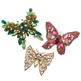 Collection of Three Signed Vintage Rhinestone Butterfly Pins