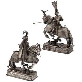 Pair of Silvered Bronze Jousting Figures
