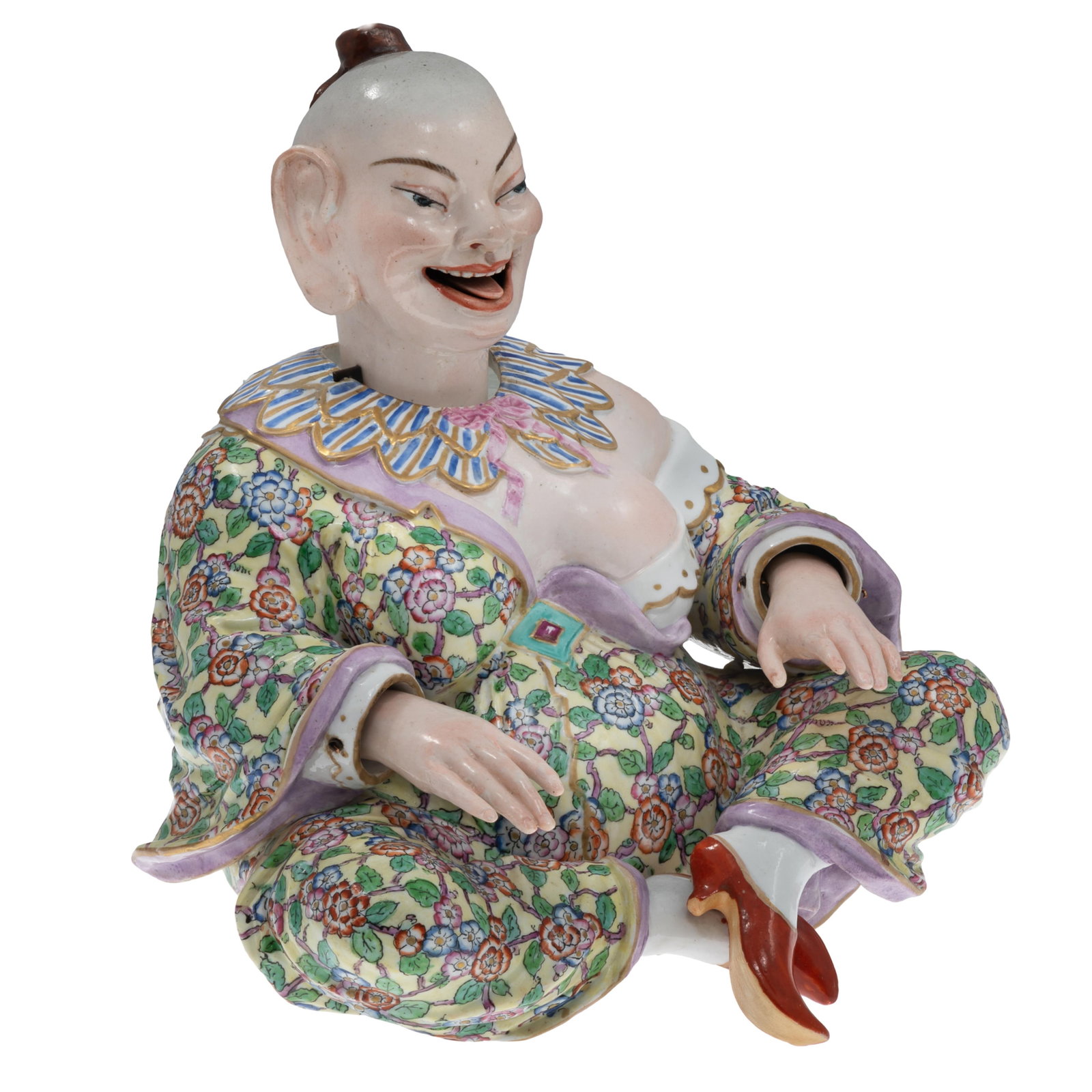 German Chinoiserie Decorated Nodding Figure: German Chinoiserie Decorated Nodding Figure The smiling figure seated figure with nodding head and hands. Unmarked 13in. (33cm) h. 11in (28cm) w. 11in (28cm) d. Condition: Good, no chips or cracks