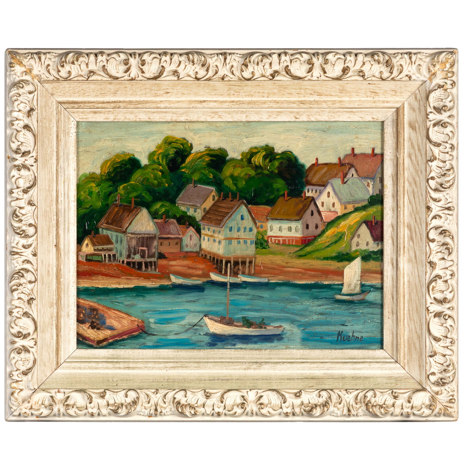 Max Kuehne (American, 1880-1968).: Max Kuehne (American, 1880-1968).View of a Coastal Town.Oil on canvas board, signed 'Kuehne' (lower right), in good condition, framed.9 x 12in. (23 x 30.5cm).14 x 17in. (35.5 x 43cm/frame).