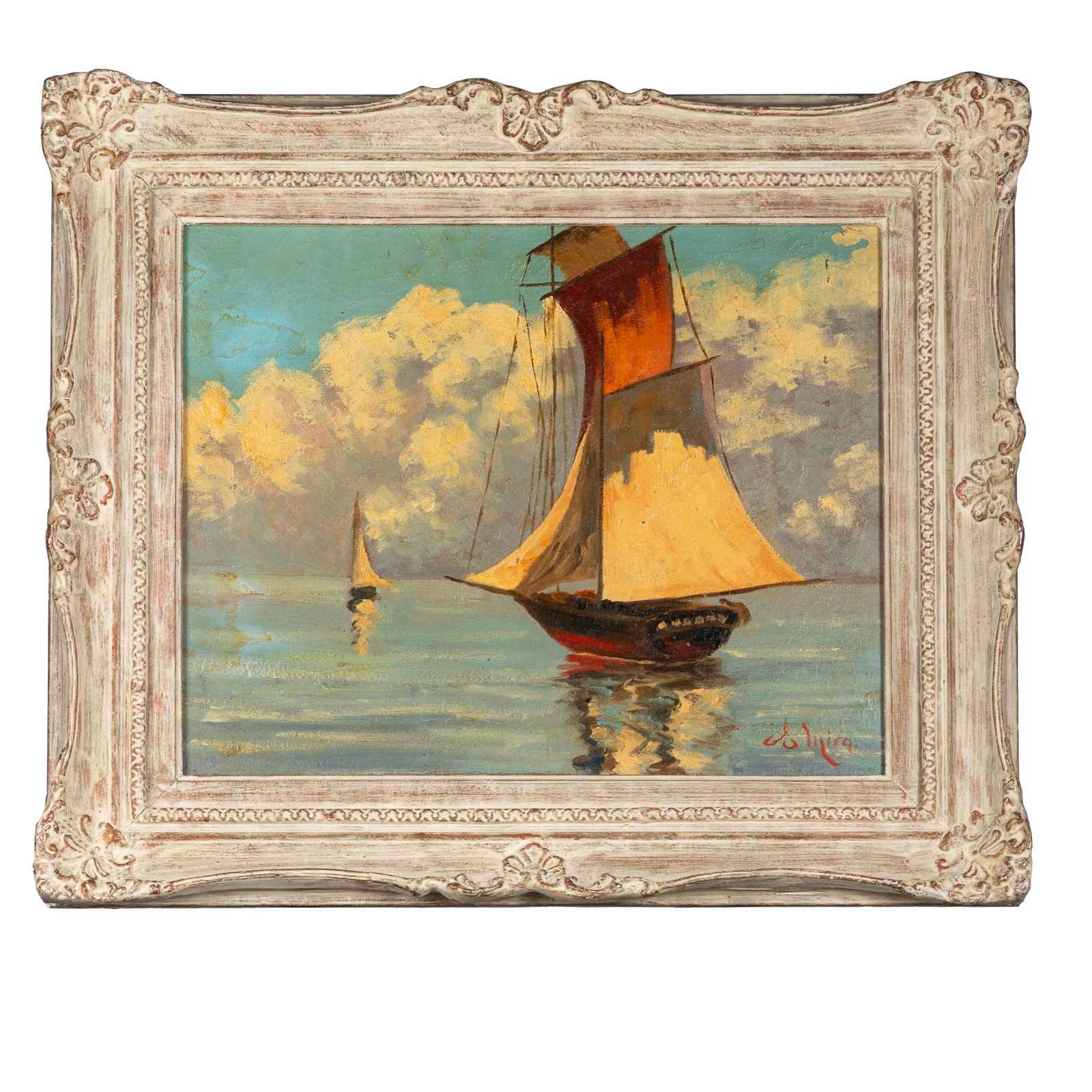 Alfred S. Mira (American, 1900-1981).: Alfred S. Mira (American, 1900-1981).Under Full Sail.Oil on canvas, signed 'A Mira' (lower right), in good condition aside from craquelure throughout, framed.16 x 20in. (40.5 x 51cm).23 x 27in. (58.5