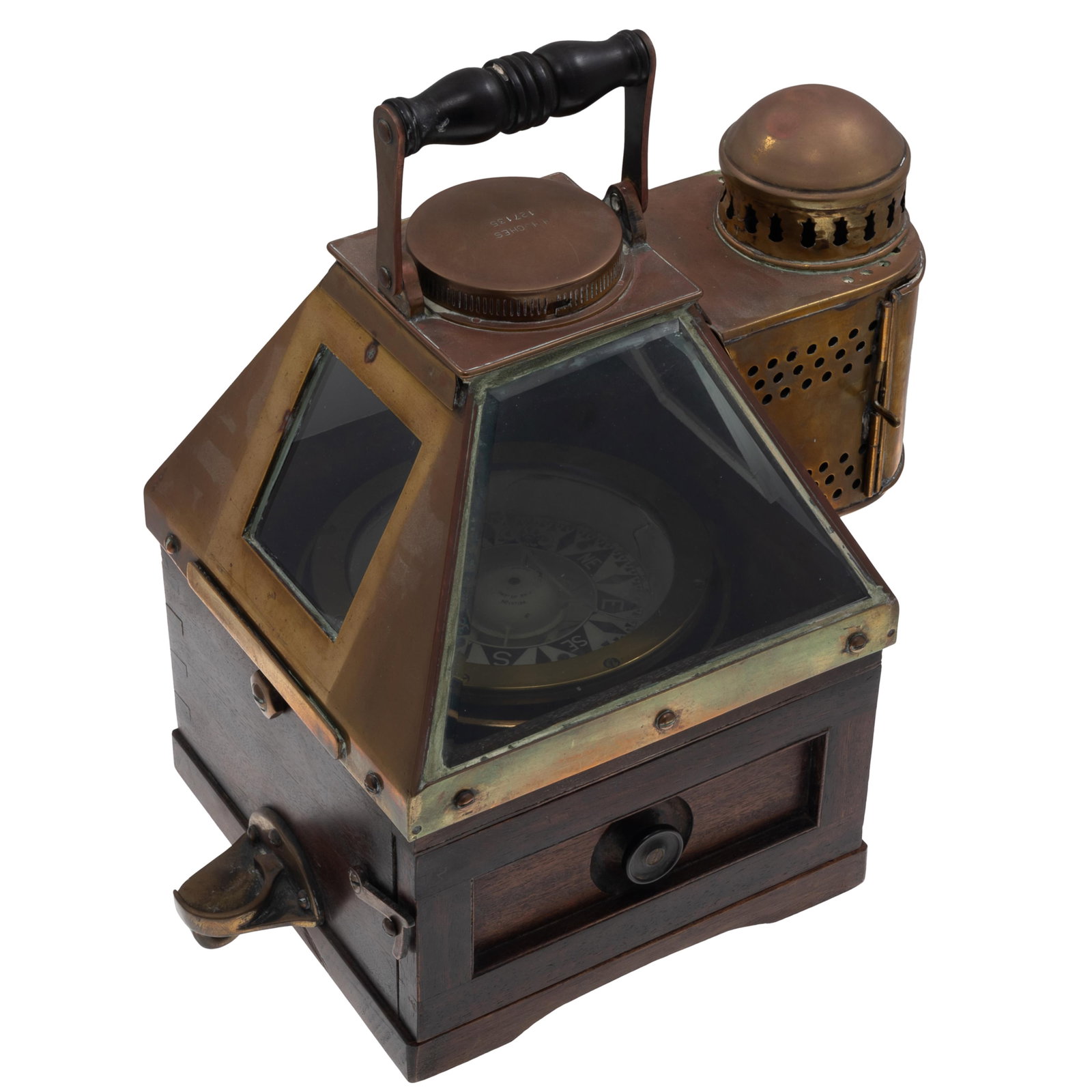 H. Hughes Compass: H. Hughes Compass In a hardwood case. 16in. (42cm) h. 11in (28cm) w.