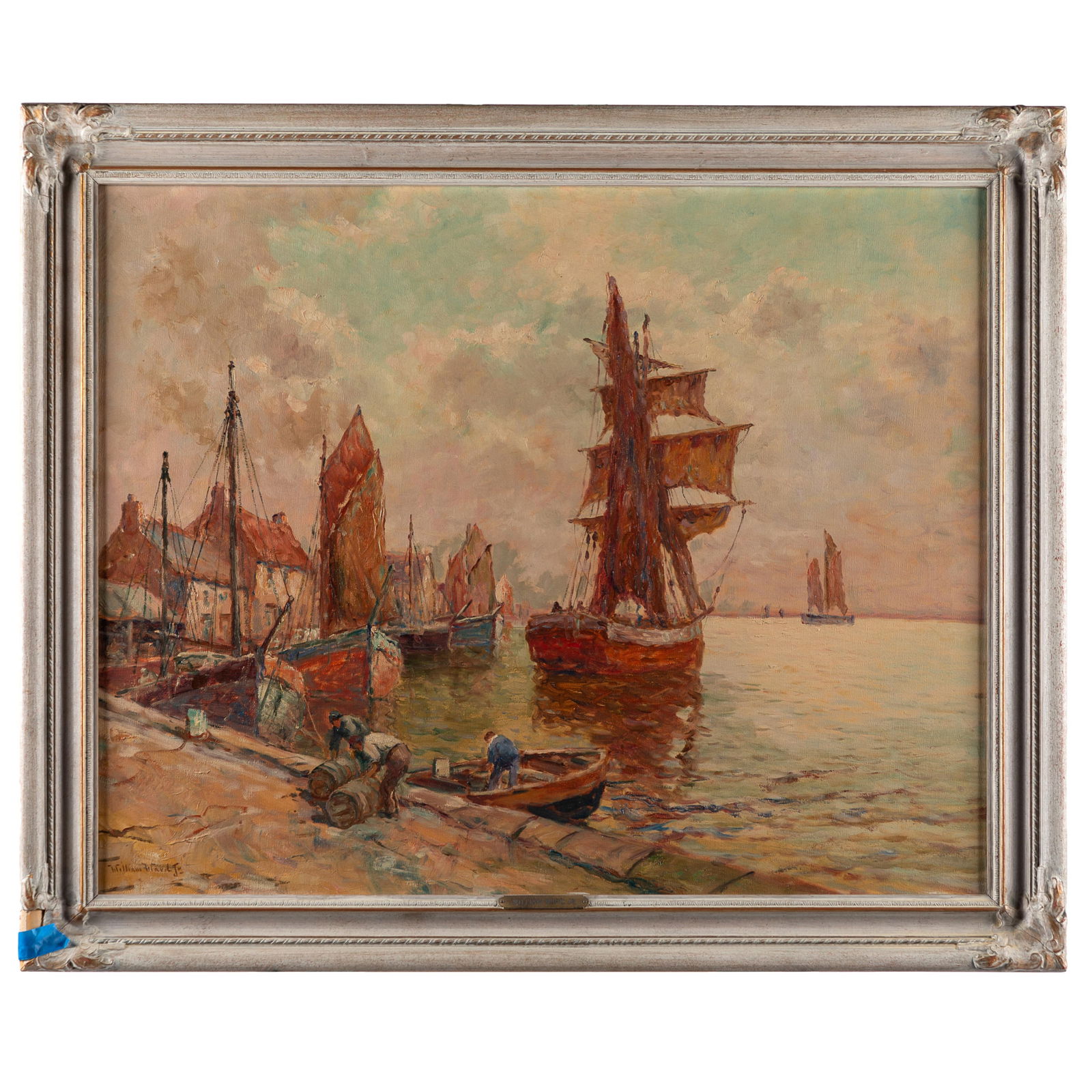 William Ward, Jr. (Canadian, 1879-1935): William Ward, Jr. (Canadian, 1879-1935)Harbor scene,Possibly a European portoil on canvasSigned l/l29in. x 23in (74cm. x 58cm)Framed: 34in. x 29in (86cm. x 74cm)Condition: Good. Minor damage to
