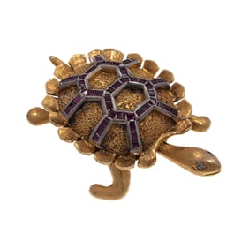 Diamond, Ruby, 14k Yellow Gold Turtle Pin