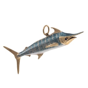 Sapphire, Enamel, 14k Yellow Gold Swordfish Pendant