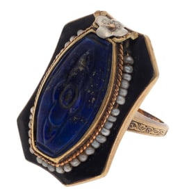 Art Deco Lapis Lazuli, Seed Pearl, Enamel, 14k Ring
