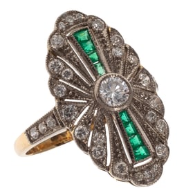 Art Deco Diamond, Emerald, 18k Ring