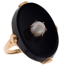 Art Deco Onyx, Cultured Pearl, 14k Yellow Gold Ring