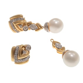 Pair of Diamond, South Sea Cultured Pearl, 18k Day and Night Earrings