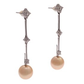 Diamond, South Sea Cultured Pearl, 14k White Gold Ear Pendants