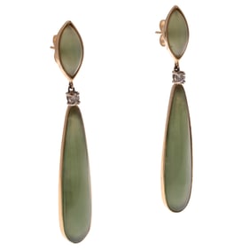 Pair of Jade, Diamond, 14k Yellow Gold Earrings