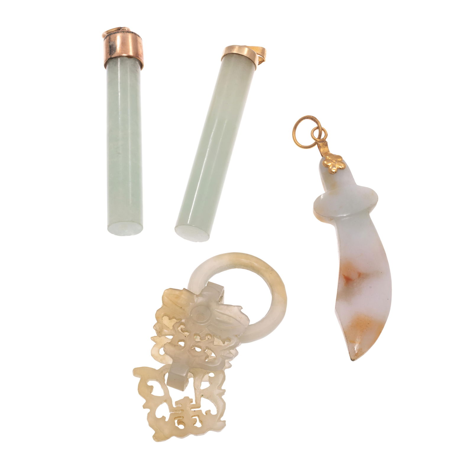 Collection of Jade, Gold, Gold-Tone Pendants: Collection of Jade, Gold, Gold-Tone PendantsIncluding one tube-shaped jade, 14k yellow gold pendant measuring approximately 1.90 x 0.28 inches (48.2 x 7.0 mm); one tube-shaped jade, 18k yellow gold pe