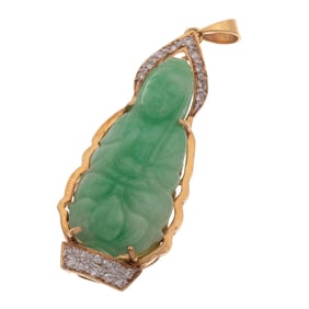 Carved Jadeite Jade, Diamond, 18k Yellow Gold Pendant